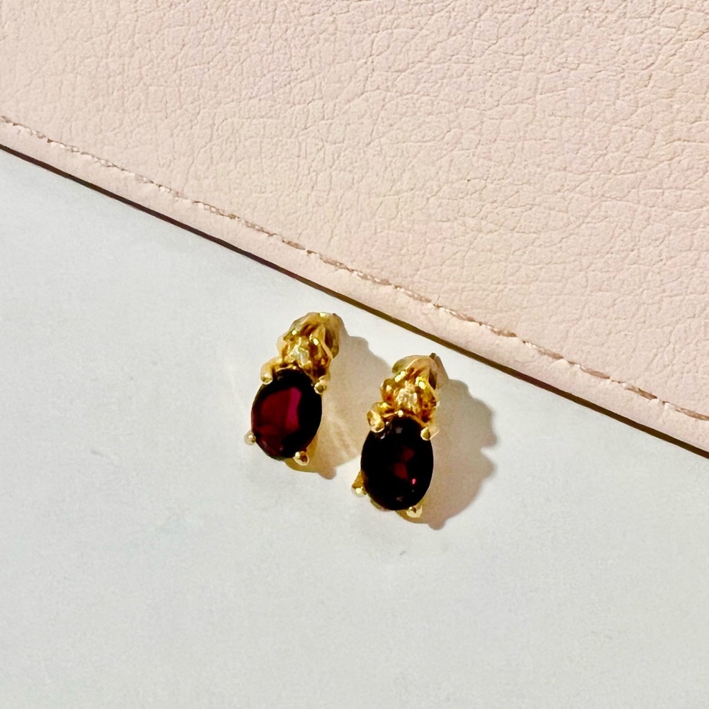 14K HGE Gold Garnet & CZ Post Earrings